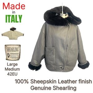 Italy 100% Genuine Sheepskin Gray Leather black Fur wool Jacket hood medium 42EU
